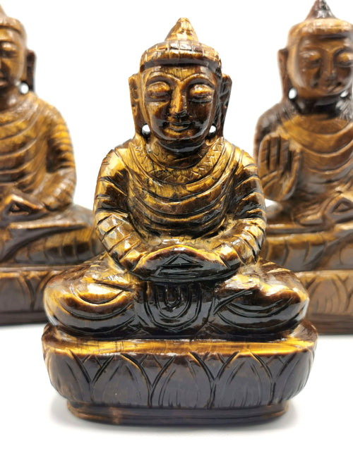 Tiger Eye Stone Buddha - handmade carving of serene and meditating Lord Buddha - 4 inches and 250 gms (0.55 lb)
