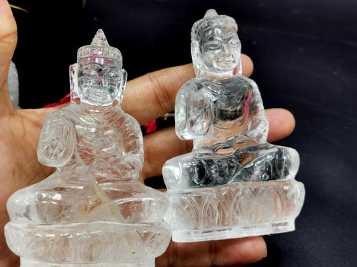 Clear Quartz/Clear Crystal Buddha - handmade carving of serene and meditating Lord Buddha - crystal/reiki/healing - 3.5 inches and 200 gms
