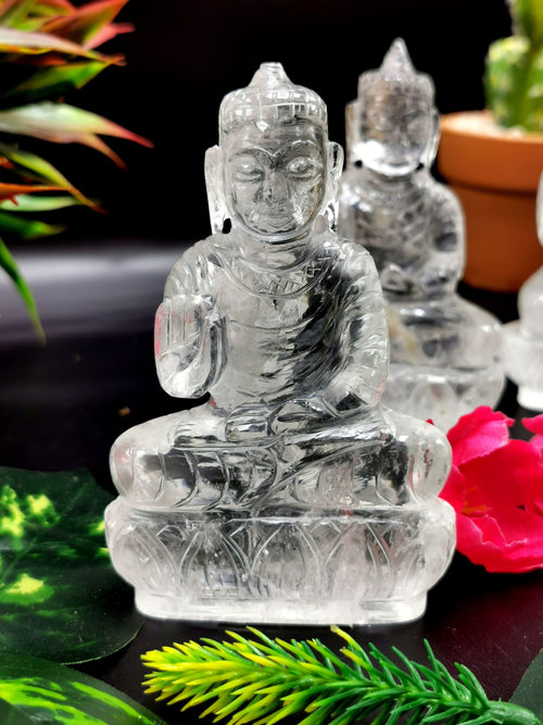 Clear Quartz/Clear Crystal Buddha - handmade carving of serene and meditating Lord Buddha - crystal/reiki/healing - 3.5 inches and 200 gms