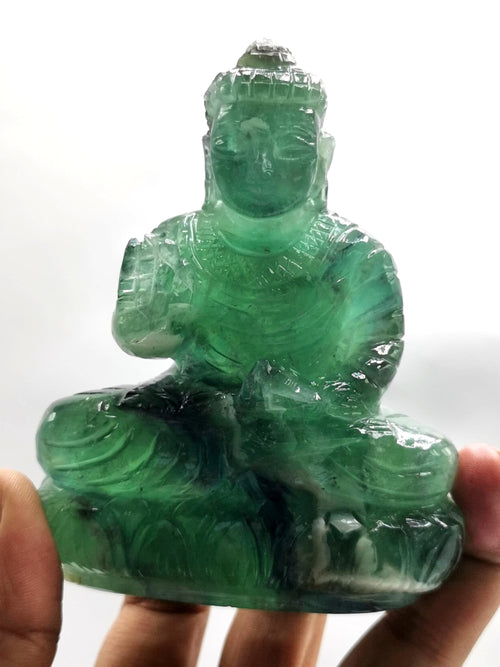 Green Fluorite Buddha - handmade carving of serene and meditating Lord Buddha - crystal/reiki/healing - 4 inches and 415 gms