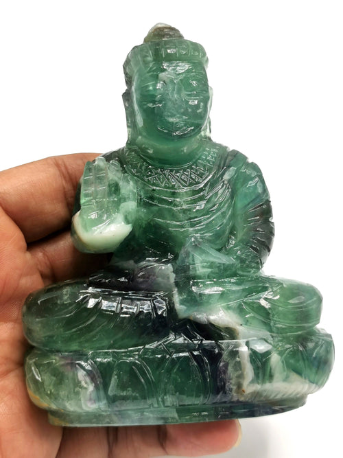 Green Fluorite Buddha - handmade carving of serene and meditating Lord Buddha - crystal/reiki/healing - 4 inches and 415 gms