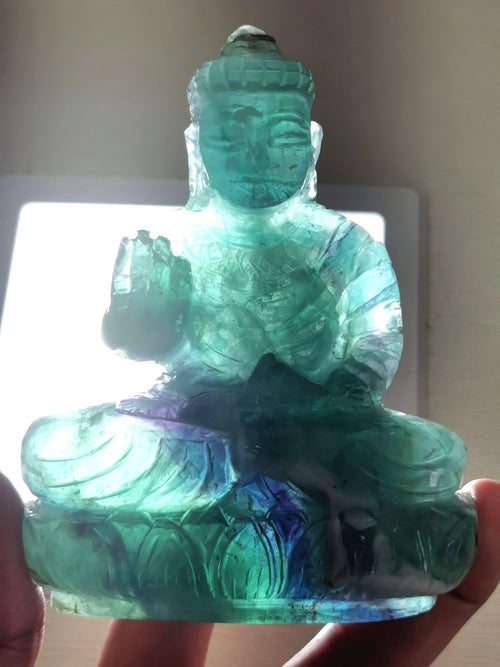 Green Fluorite Buddha - handmade carving of serene and meditating Lord Buddha - crystal/reiki/healing - 4 inches and 415 gms