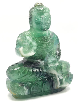 Green Fluorite Buddha - handmade carving of serene and meditating Lord Buddha - crystal/reiki/healing - 4 inches and 415 gms