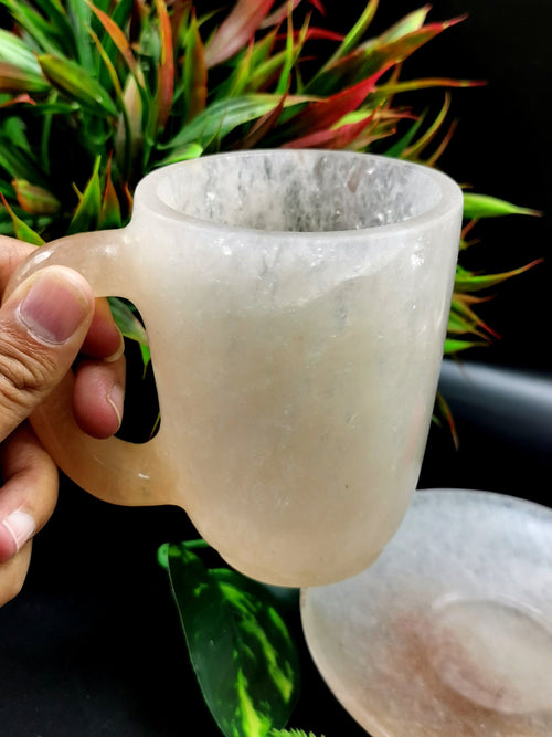 Beautiful White Quartz Tea Cup & Saucer, with Red Quartz inclusions - ONLY 1 Cup and 1 Saucer
