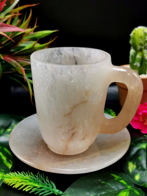Beautiful White Quartz Tea Cup & Saucer, with Red Quartz inclusions - ONLY 1 Cup and 1 Saucer