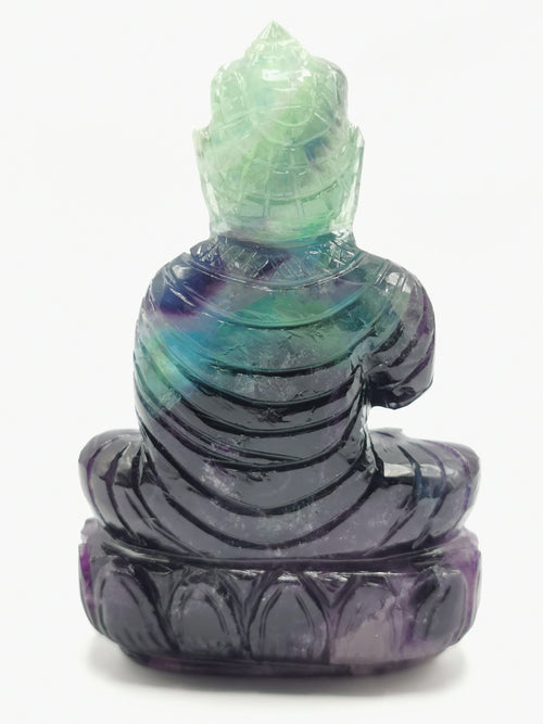 Buddha in Multi Fluorite stone - handmade carving of serene and meditating Lord Buddha 4 inches and 380 gms (0.84 lb)