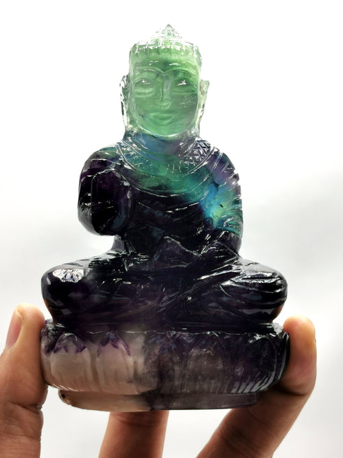 Buddha in Multi Fluorite stone - handmade carving of serene and meditating Lord Buddha 4 inches and 380 gms (0.84 lb)