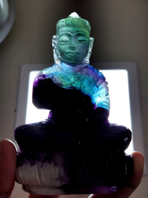Buddha in Multi Fluorite stone - handmade carving of serene and meditating Lord Buddha 4 inches and 380 gms (0.84 lb)