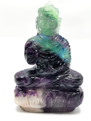 Buddha in Multi Fluorite stone - handmade carving of serene and meditating Lord Buddha 4 inches and 380 gms (0.84 lb)