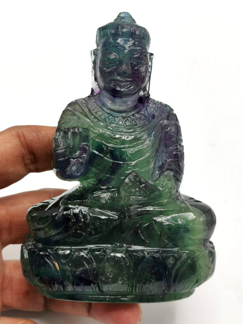 Multicolor Fluorite Buddha statue - handmade carving of serene and meditating Lord Buddha - 4 inches and 380 gms (0.84 lb)