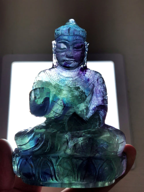 Multicolor Fluorite Buddha statue - handmade carving of serene and meditating Lord Buddha - 4 inches and 380 gms (0.84 lb)