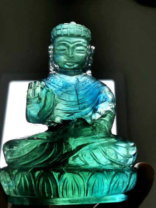 Green Fluorite Buddha - handmade carving of serene and meditating Lord Buddha - crystal/reiki/healing - 4 inches and 350 gms