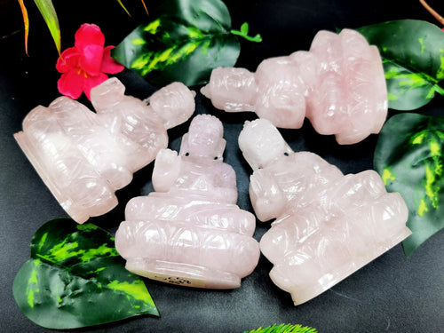 Rose Quartz Buddha - handmade carving of serene and meditating Lord Buddha - crystal/ home decor - 4 inches and 300 gms (0.66 lb)