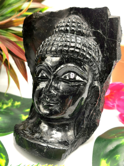 Black tourmaline hand carved Buddha Head - carving of serene and meditating Lord Buddha - crystal/reiki/chakra - 4 inch and 0.94 kg (2.1 lb)
