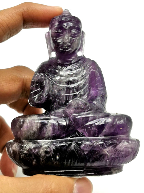 Amethyst Buddha - handmade carving of serene and meditating Lord Buddha - crystal/reiki/healing - 3.5 inches and 180 gms (0.40 lb)