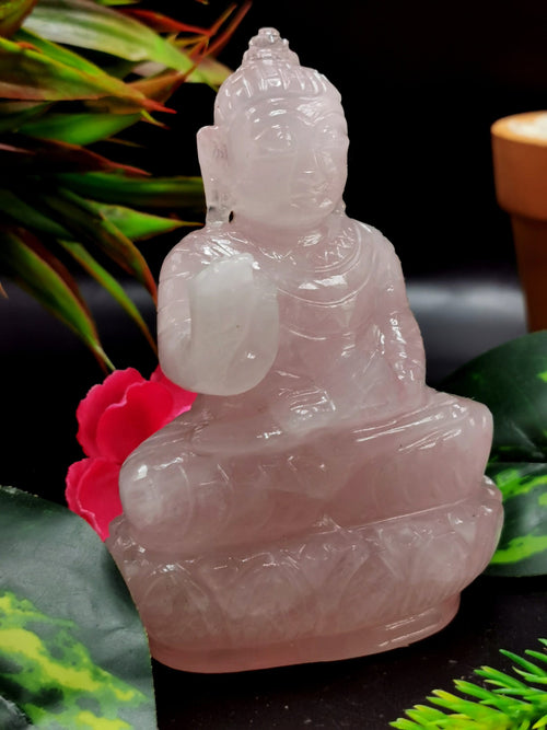 Rose Quartz Buddha - handmade carving of serene and meditating Lord Buddha - crystal/ home decor - 3.5 inches and 230 gms (0.51 lb)