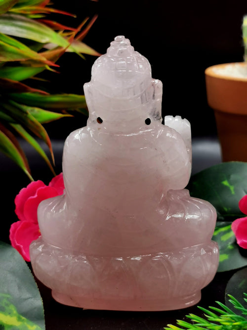 Rose Quartz Buddha - handmade carving of serene and meditating Lord Buddha - crystal/ home decor - 3.5 inches and 230 gms (0.51 lb)