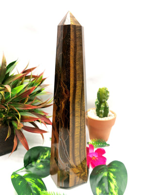 Large 8-face Tiger Eye point/wand/tower -handmade carvings - energy/chakra/reiki - 10 in (25 cms) height and 1.11 kg (2.44 lb)