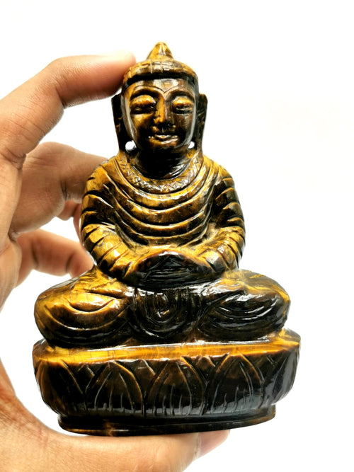 Tiger Eye Stone Buddha - handmade carving of serene and meditating Lord Buddha - 4 inches and 250 gms (0.55 lb)