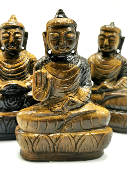 Tiger Eye Stone Buddha - handmade carving of serene and meditating Lord Buddha - 4 inches and 250 gms (0.55 lb)