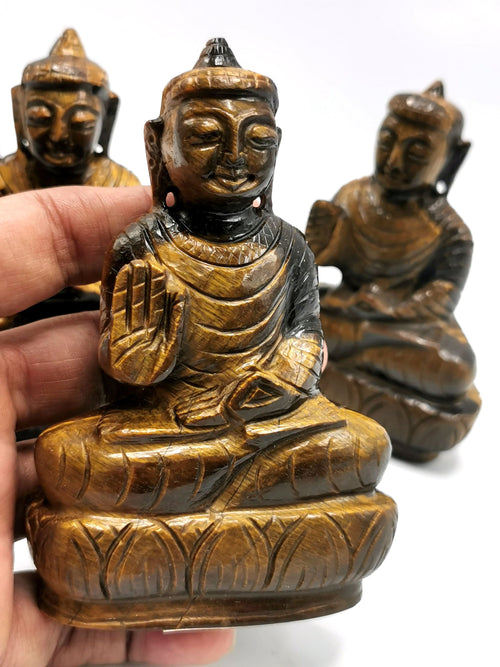 Tiger Eye Stone Buddha - handmade carving of serene and meditating Lord Buddha - 4 inches and 250 gms (0.55 lb)