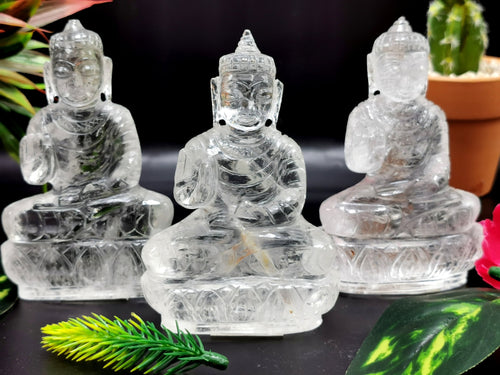 Clear Quartz/Clear Crystal Buddha - handmade carving of serene and meditating Lord Buddha - crystal/reiki/healing - 3.5 inches and 200 gms