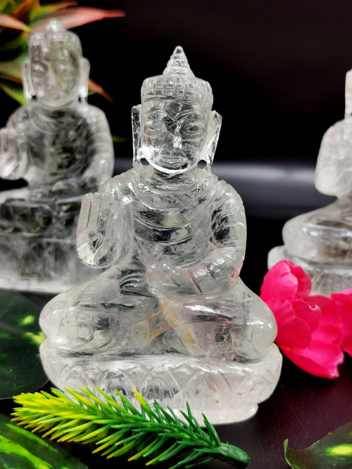 Clear Quartz/Clear Crystal Buddha - handmade carving of serene and meditating Lord Buddha - crystal/reiki/healing - 3.5 inches and 200 gms