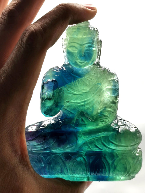 Green Fluorite Buddha - handmade carving of serene and meditating Lord Buddha - crystal/reiki/healing - 4 inches and 320 gms