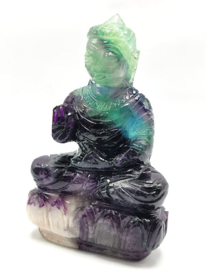 Buddha in Multi Fluorite stone - handmade carving of serene and meditating Lord Buddha 4 inches and 380 gms (0.84 lb)