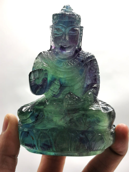 Multicolor Fluorite Buddha statue - handmade carving of serene and meditating Lord Buddha - 4 inches and 380 gms (0.84 lb)