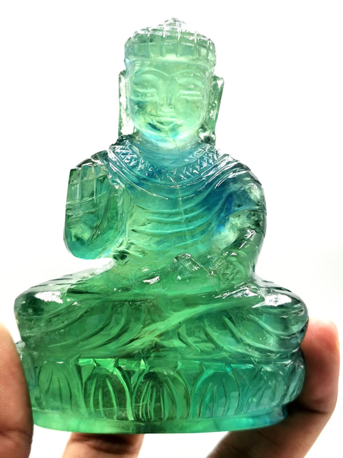 Green Fluorite Buddha - handmade carving of serene and meditating Lord Buddha - crystal/reiki/healing - 4 inches and 350 gms