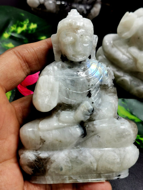 Moonstone Buddha - handmade carving of serene and meditating Lord Buddha - crystal/reiki/healing - 4 inches and 300 gms (0.66 lb)
