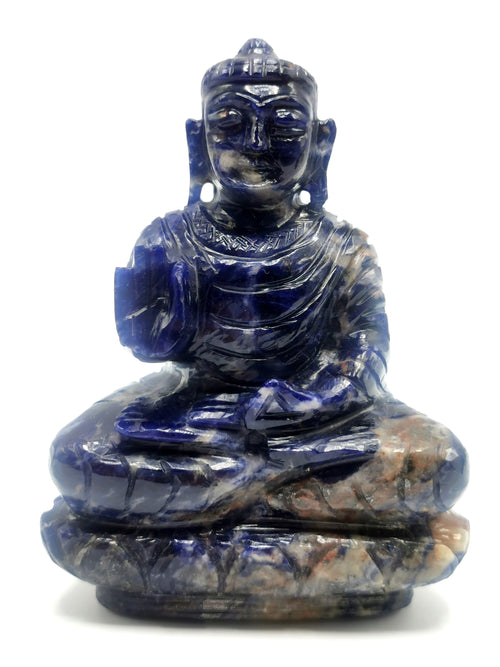 Sodalite Buddha statue - handmade carving of serene and meditating Lord Buddha - crystal/reiki/healing - 4 inches and 300 gms (0.66 lb)