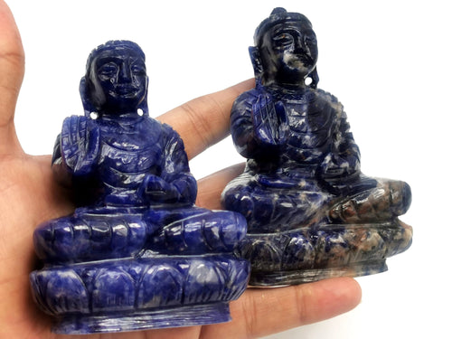 Sodalite Buddha statue - handmade carving of serene and meditating Lord Buddha - crystal/reiki/healing - 4 inches and 300 gms (0.66 lb)