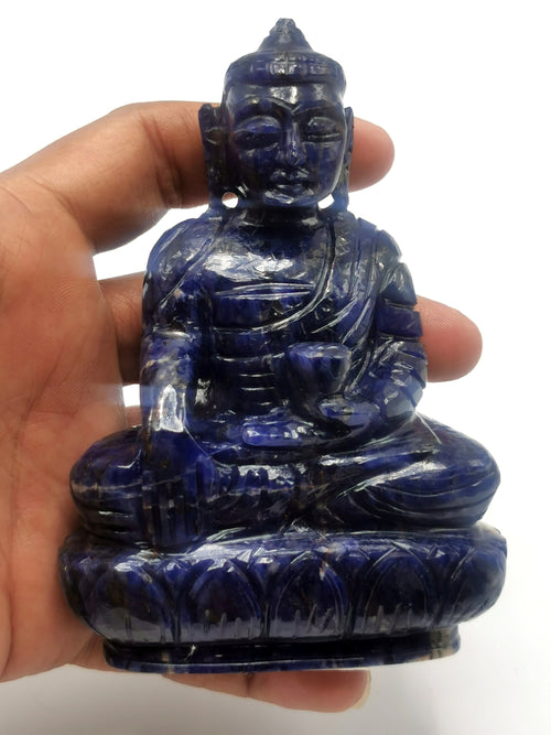 Sodalite Buddha statue - handmade carving of serene and meditating Lord Buddha - crystal/reiki/healing - 4 inches and 300 gms (0.66 lb)