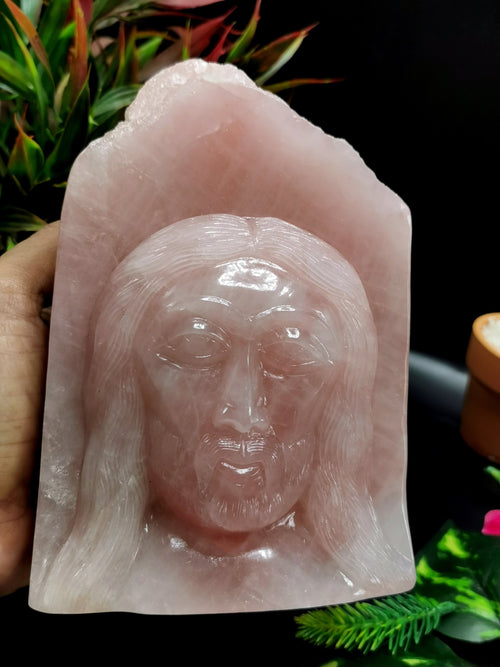 Lord Jesus majestic carving in natural rose quartz stone | hand carved in gemstones | crystal/reiki - 6 inches and 1.92 kg (4.22 lb)