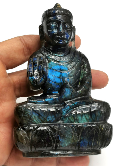 Labradorite Buddha - handmade carving of serene and meditating Lord Buddha - crystal/reiki/healing - 4 inches and 250 gms (0.55 lb)