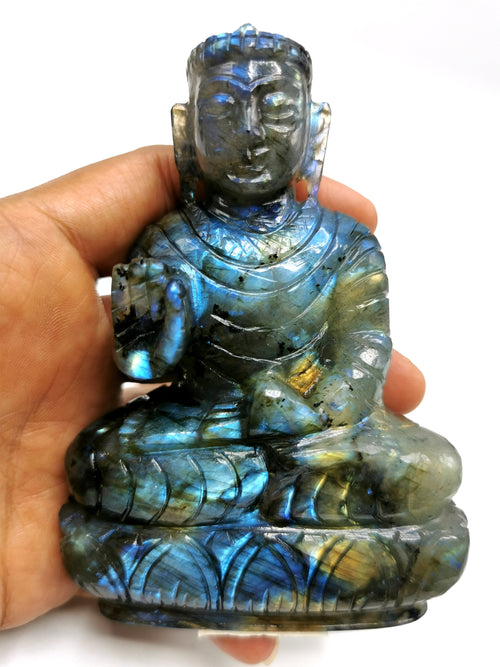 Labradorite Buddha - handmade carving of serene and meditating Lord Buddha - crystal/reiki/healing - 4 inches and 250 gms (0.55 lb)