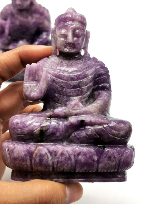 Lepidolite Buddha - handmade carving of serene and meditating Lord Buddha - crystal/reiki/healing - 4 inches and 0.35 kg (0.77 lb)