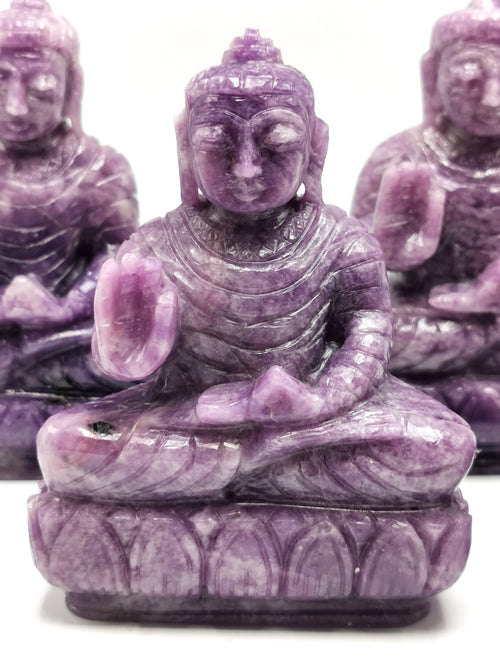 Lepidolite Buddha - handmade carving of serene and meditating Lord Buddha - crystal/reiki/healing - 4 inches and 0.35 kg (0.77 lb)