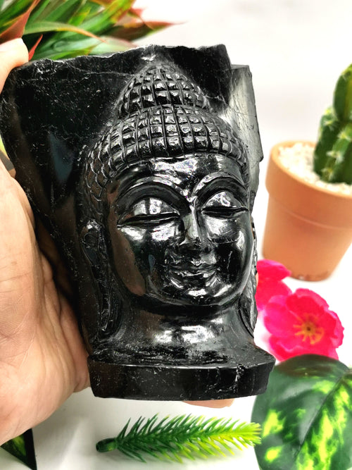 Black tourmaline hand carved Buddha Head - carving of serene and meditating Lord Buddha - crystal/reiki/chakra - 4 inch and 0.94 kg (2.1 lb)