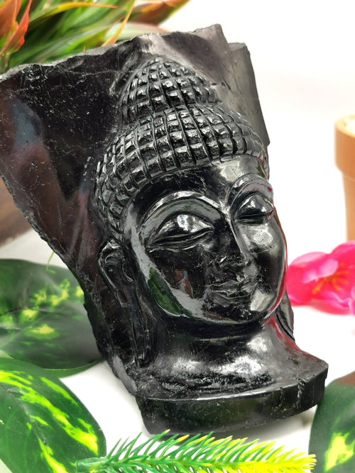 Black tourmaline hand carved Buddha Head - carving of serene and meditating Lord Buddha - crystal/reiki/chakra - 4 inch and 0.94 kg (2.1 lb)