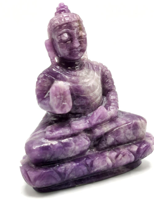 Lepidolite Buddha - handmade carving of serene and meditating Lord Buddha - crystal/reiki/healing - 3.5 inches and 0.210 kg (0.46 lb)