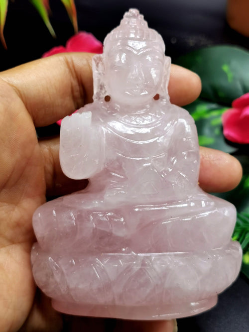 Rose Quartz Buddha - handmade carving of serene and meditating Lord Buddha - crystal/ home decor - 3.5 inches and 230 gms (0.51 lb)