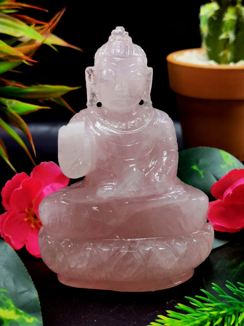 Rose Quartz Buddha - handmade carving of serene and meditating Lord Buddha - crystal/ home decor - 3.5 inches and 230 gms (0.51 lb)