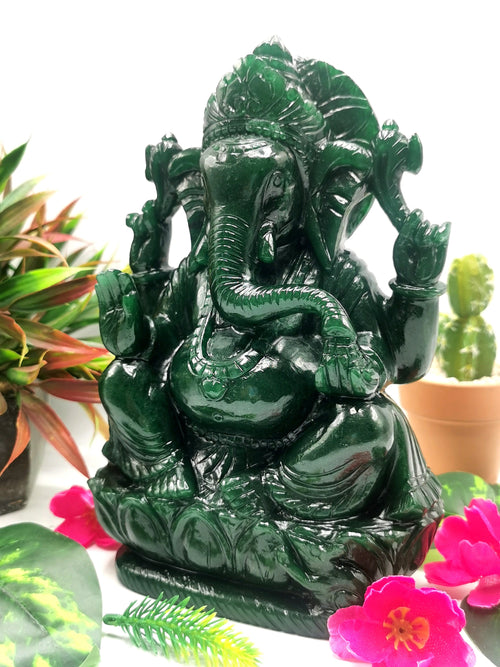 Dark Green Aventurine Handmade Carving of Ganesh - Lord Ganesha Idol in Crystals/Gemstone - Reiki/Chakra/Healing -8 in and 2.52 kg (5.54 lb)