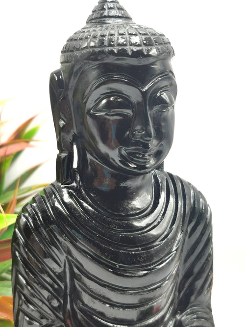 Black Obsidian Buddha - handmade carving of serene and meditating Lord Buddha - crystal/reiki/healing - 8 inches and 1.34 kg (2.95lb)