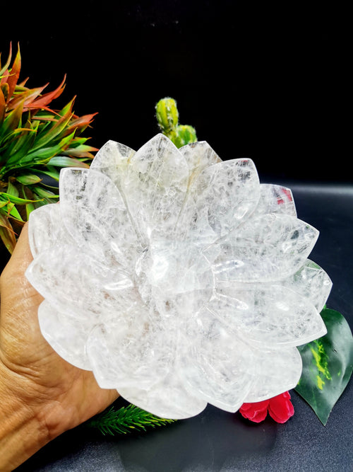 Beautiful clear quartz (spathik) hand carved lotus bowls - 7 inches diameter and 740 gms (1.63 lb) - ONE BOWL ONLY