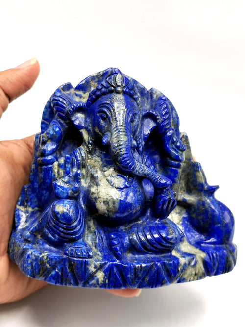 Lapis Lazuli Handmade Carving of Ganesh - Lord Ganesha Idol |Sculpture in Crystals/Gemstones - Reiki/Chakra/Healing - 4 inches and 970 gms