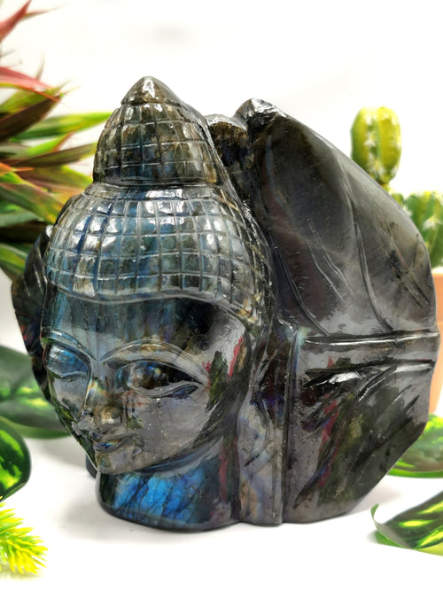 Labradorite Buddha Head on leaf - handmade carving of serene and meditating Lord Buddha - crystal/reiki/chakra - 5.5 inches and 1.72 kg